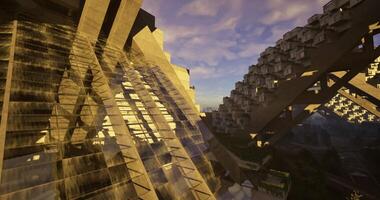 cgi verkennen modern architectuur met uniek structuren en avond licht video