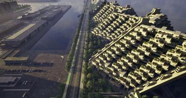 CGI Modern architectural design near waterfront with green spaces and buildings video