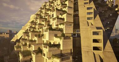 CGI Unique modern building at sunset in urban setting video