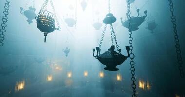 CGI Dramatic lighting illuminates ornate chandeliers in a grand setting video