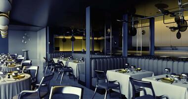 CGI Modern dining area with elegant decor and intimate atmosphere in evening light video