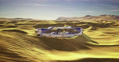 CGI Laboratory craft exploring desert landscape during sunset under clear skies video