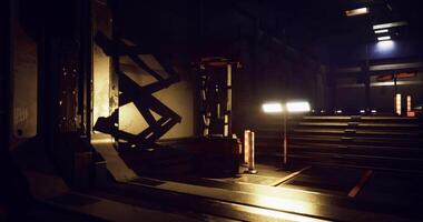 CGI Dark industrial setting with robotic arm near illuminated steps video