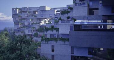 CGI Modern architectural design with greenery and unique balconies in urban setting video