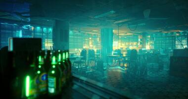 CGI Urban environment illuminated by neon lights at night with empty chairs video