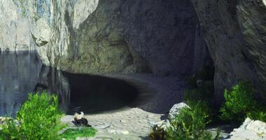 CGI Calm waters reflect rocky cliffs and lush greenery by the lake shore video
