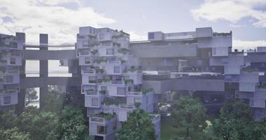 CGI Modern architectural structure with green spaces in urban setting video