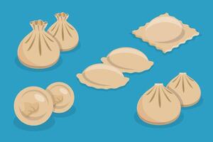 3D Isometric Flat Set of Dumplings, Dim Sum, Asian Food vector