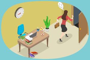 3D Isometric Flat Conceptual Illustration of End Of The Work Day, Employee Runing Away From Office vector