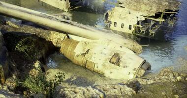 CGI Wreckage of an aircraft rests on the shore near a calm body of water video
