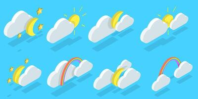 3D Isometric Flat Set of Weather Forecast Icons, Thunderstorm, Rain, Sunny Day, Night and Winter Snow vector