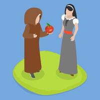 3D Isometric Flat Conceptual Illustration of Snow White, Getting an Apple From an Old Evil Witch vector