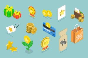 3D Isometric Flat Set of Customer Loyality Program Elements, Online Shopping Bonuses vector