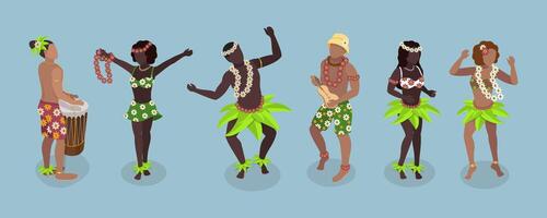 3D Isometric Flat Set of Hawaiian Dancers, Characters in Polynesian Costume vector