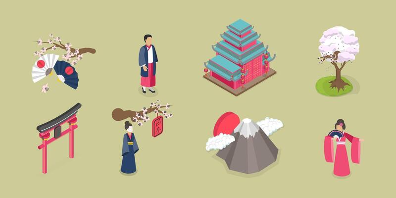 3D Isometric Flat Set of Japan Collection, Ancient Culture Items