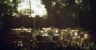 CGI Elegant outdoor dining setup in a forested area during golden hour video