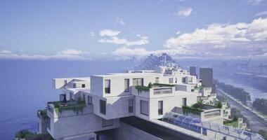 CGI Modern architectural design overlooking the ocean at a coastal location video