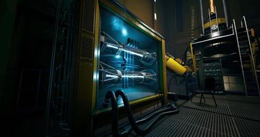 CGI High tech laboratory equipment illuminated in a futuristic setting video