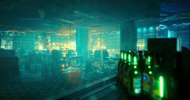 CGI Atmospheric interior of a modern bar with vibrant lighting and empty tables video