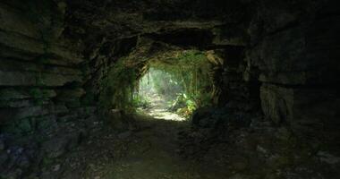 CGI Light filtering through a cave entrance surrounded by lush vegetation video