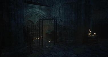 CGI Eerie stone chamber lit by flickering candles in a dark setting video