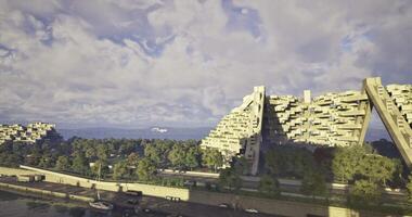 CGI Modern architecture along a scenic waterfront with lush greenery and clouds video