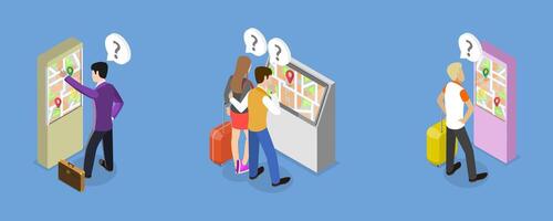 3D Isometric Flat Conceptual Illustration of Information Kiosk, Interactive Digital Machines vector