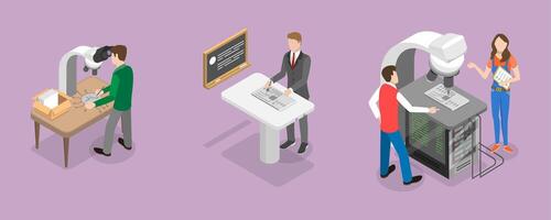 3D Isometric Flat Conceptual Illustration of Electronic Devices Manufacturing, Engineers Working with Circuits vector
