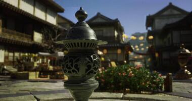 CGI Exploring a traditional marketplace with flowers and lanterns at dusk video
