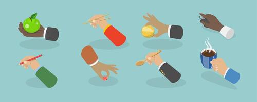3D Isometric Flat Set of Hand Gestures, Hands Holding Stuff vector
