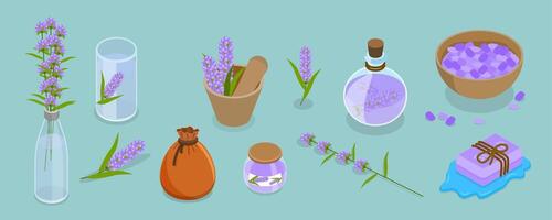 3D Isometric Flat Set of Lavanders Products, Flowers and Cosmetics vector