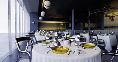 CGI Modern restaurant with elegant dining and city views through large windows video