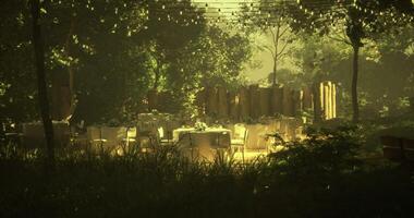 CGI Event venue illuminated by soft lighting in a tranquil forest setting video