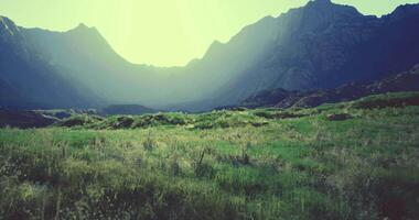 CGI Majestic mountains with lush green fields at sunset in a serene valley video