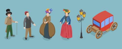 3D Isometric Flat Set of Victorian Period Characters and Objects, 19th Century European Ladies and Gentlemen vector