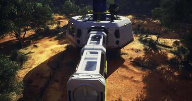 CGI Alien exploration station under bright sun in barren terrain video
