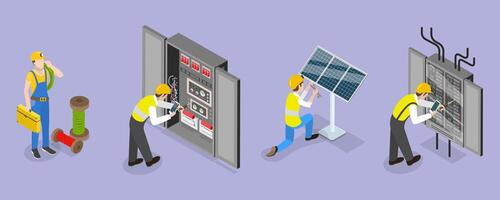 3D Isometric Flat Conceptual Illustration of Electrical Utility Delivery, Electricity Workers vector