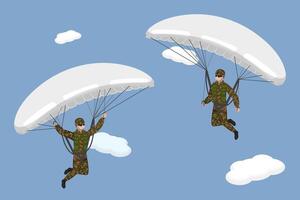 3D Isometric Flat Conceptual Illustration of Paratroopers, Skydivers in Khaki Military Uniform vector