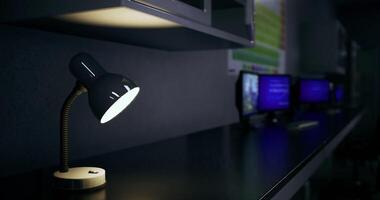 CGI Desk setup with modern lamp illuminating workspace at night video