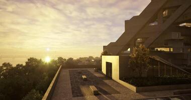CGI Modern architectural design by the river at sunset in an urban setting video