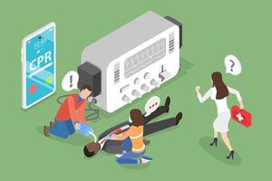 3D Isometric Flat Conceptual Illustration of Defibrillator, Cardiopulmonary Resuscitation Cpr Emergency Procedure vector