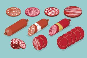 3D Isometric Flat Set of Sausages and Meat Products, Butcher Store Production vector