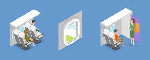 3D Isometric Flat Set of Airplane Items and Scenes, Inside Modern Plane vector