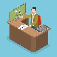 3D Isometric Flat Conceptual Illustration of Sports Commentator, A Reporter with Headphones is Reporting a Football Event vector
