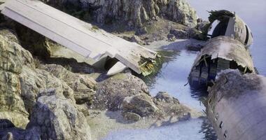 CGI Errored aircraft wreckage on rocky shore with calm waters and cliffs video