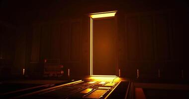 CGI Laboratory door opening with light illuminating the dark space inside video