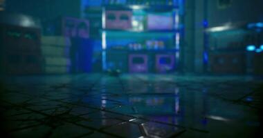 CGI Dimly lit storage area with colorful crates and reflective floor surfaces video