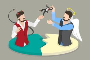 3D Isometric Flat Conceptual Illustration of Opposite Forces, Good and Evil vector