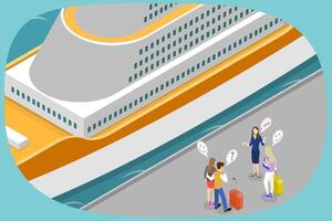 3D Isometric Flat Conceptual Illustration of Cruise Travelling, Passengers with Baggage Walking in Deck vector