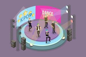 3D Isometric Flat Conceptual Illustration of Kpop Perfomance, Dancing and Singing on Stage vector